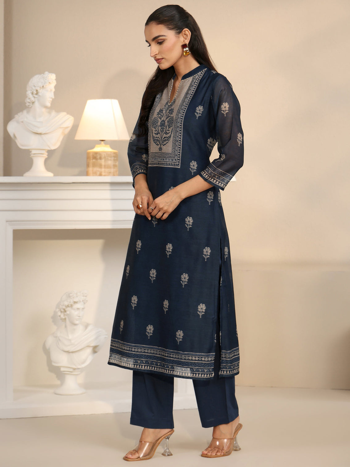 Mameraa Navy Blue Printed Yoke Chanderi Silk Straight Suit Set