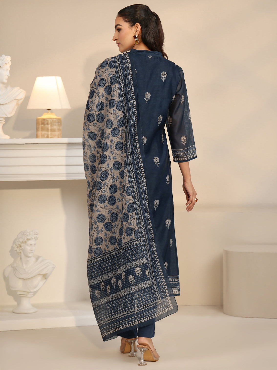 Mameraa Navy Blue Printed Yoke Chanderi Silk Straight Suit Set
