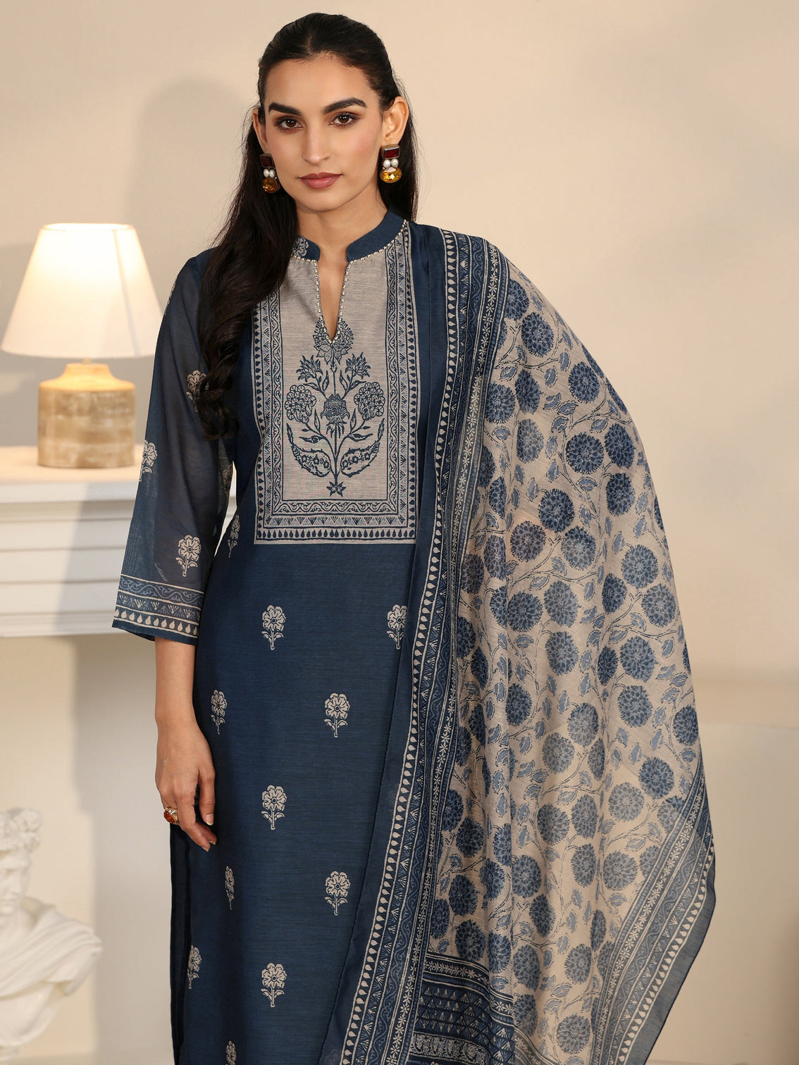 Mameraa Navy Blue Printed Yoke Chanderi Silk Straight Suit Set