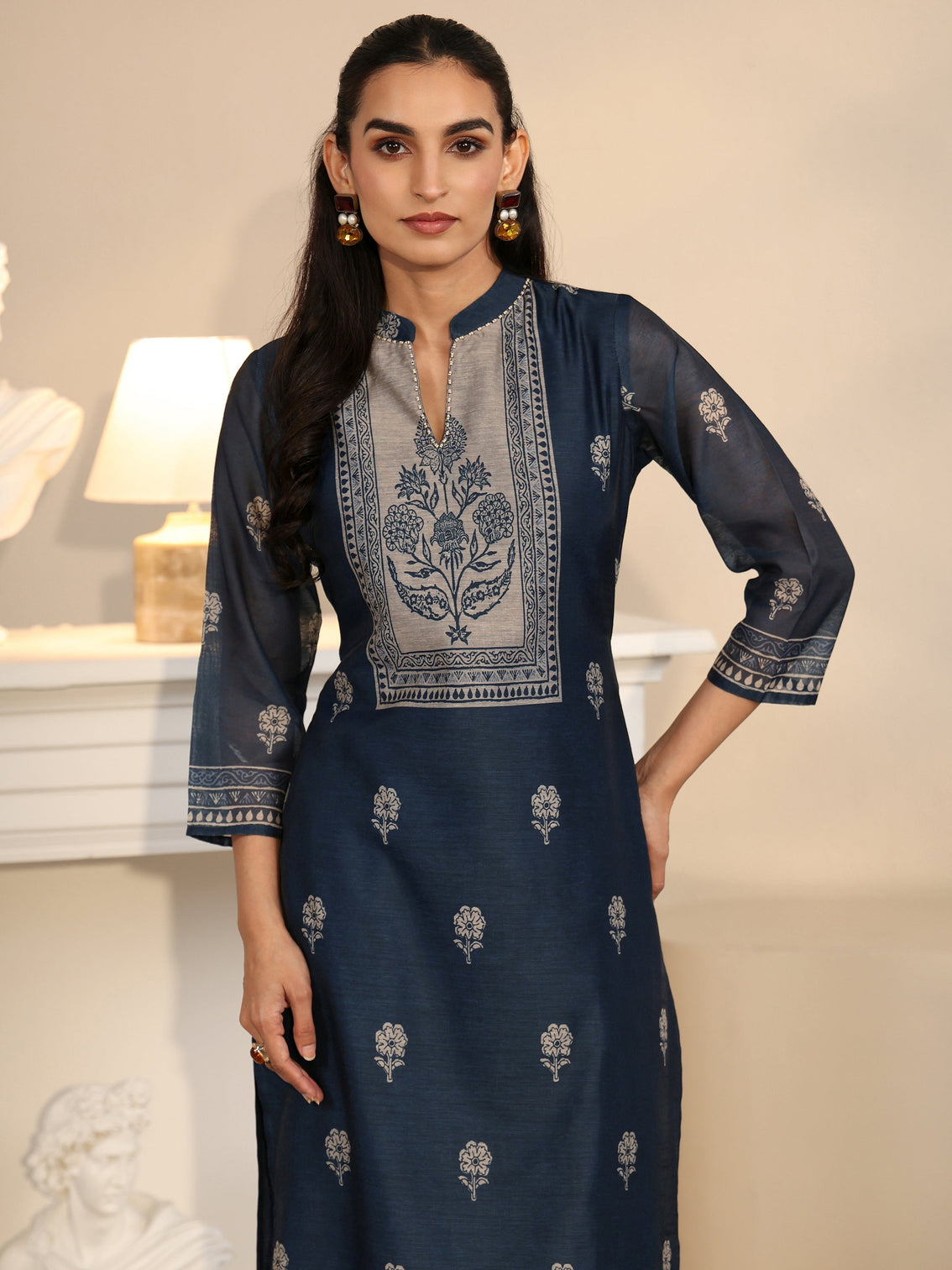 Mameraa Navy Blue Printed Yoke Chanderi Silk Straight Suit Set