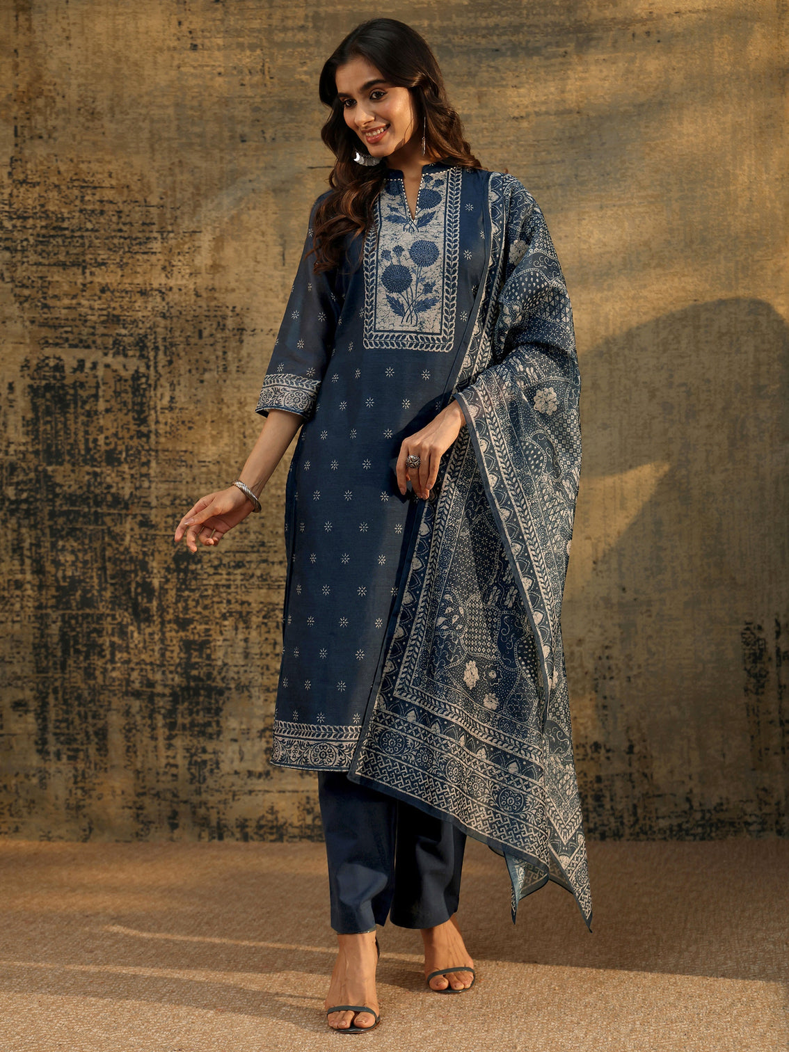 Mameraa Indigo Blue Floral Printed Chanderi Silk Straight Suit Set