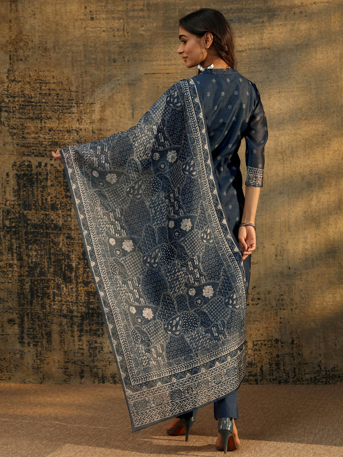 Mameraa Indigo Blue Floral Printed Chanderi Silk Straight Suit Set