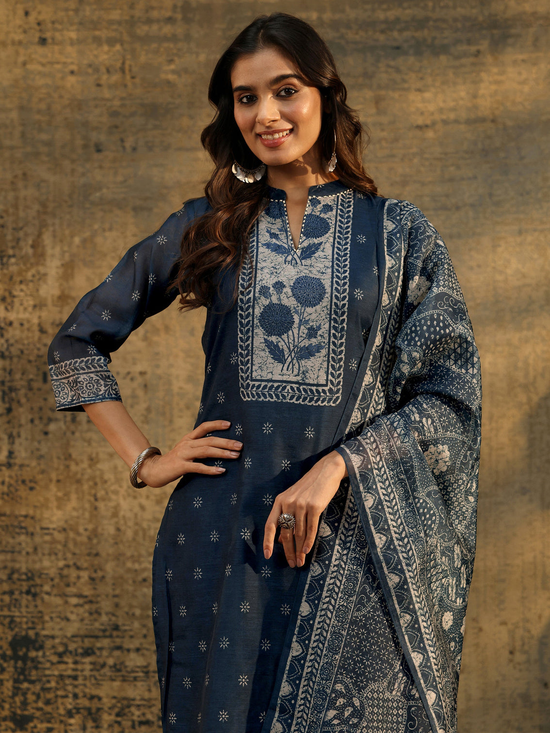 Mameraa Indigo Blue Floral Printed Chanderi Silk Straight Suit Set