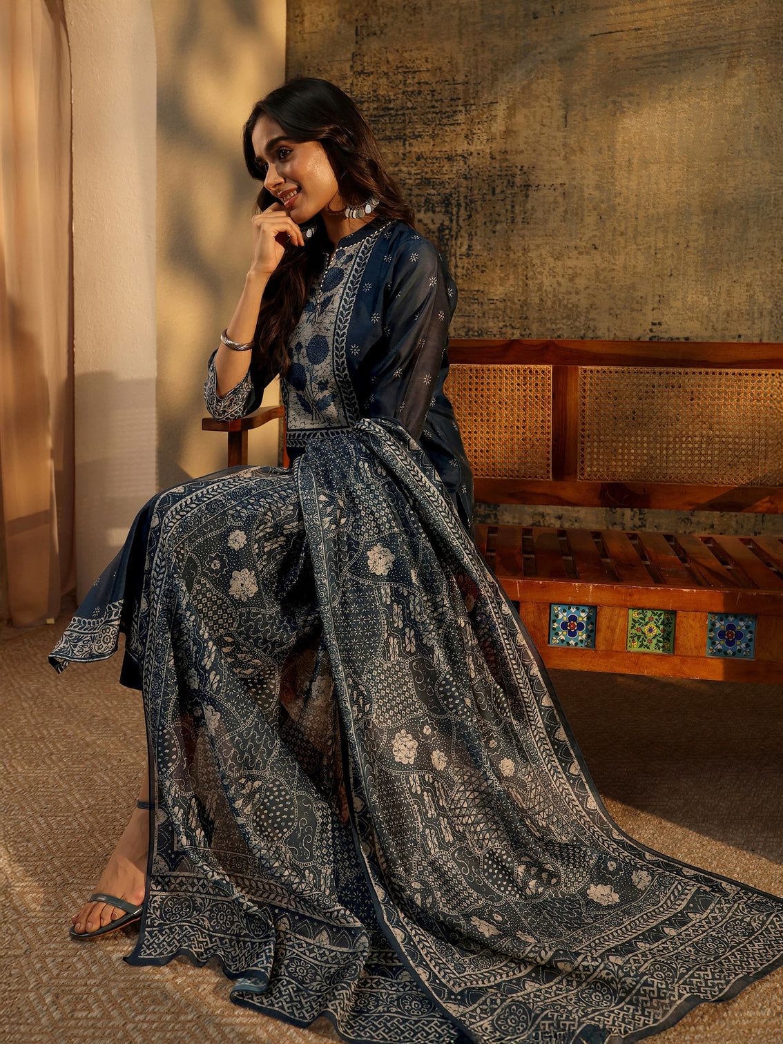 Mameraa Indigo Blue Floral Printed Chanderi Silk Straight Suit Set