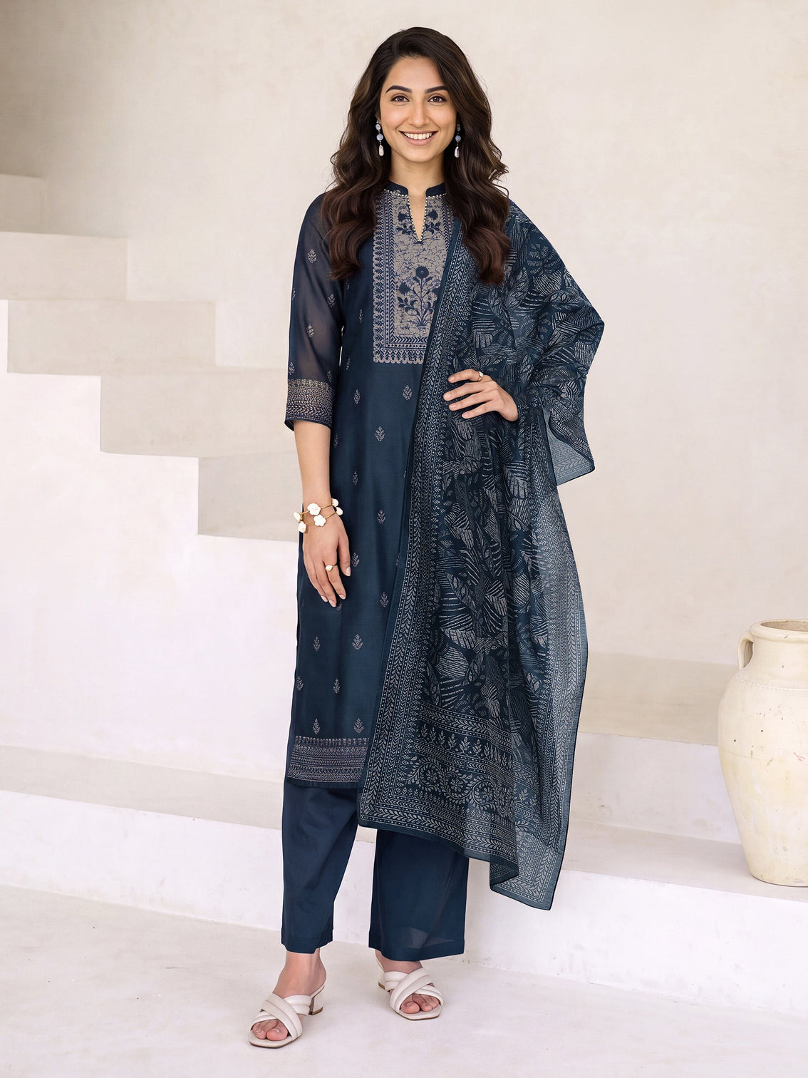 Mameraa Teal Blue Floral Printed Chanderi Silk Straight Suit Set