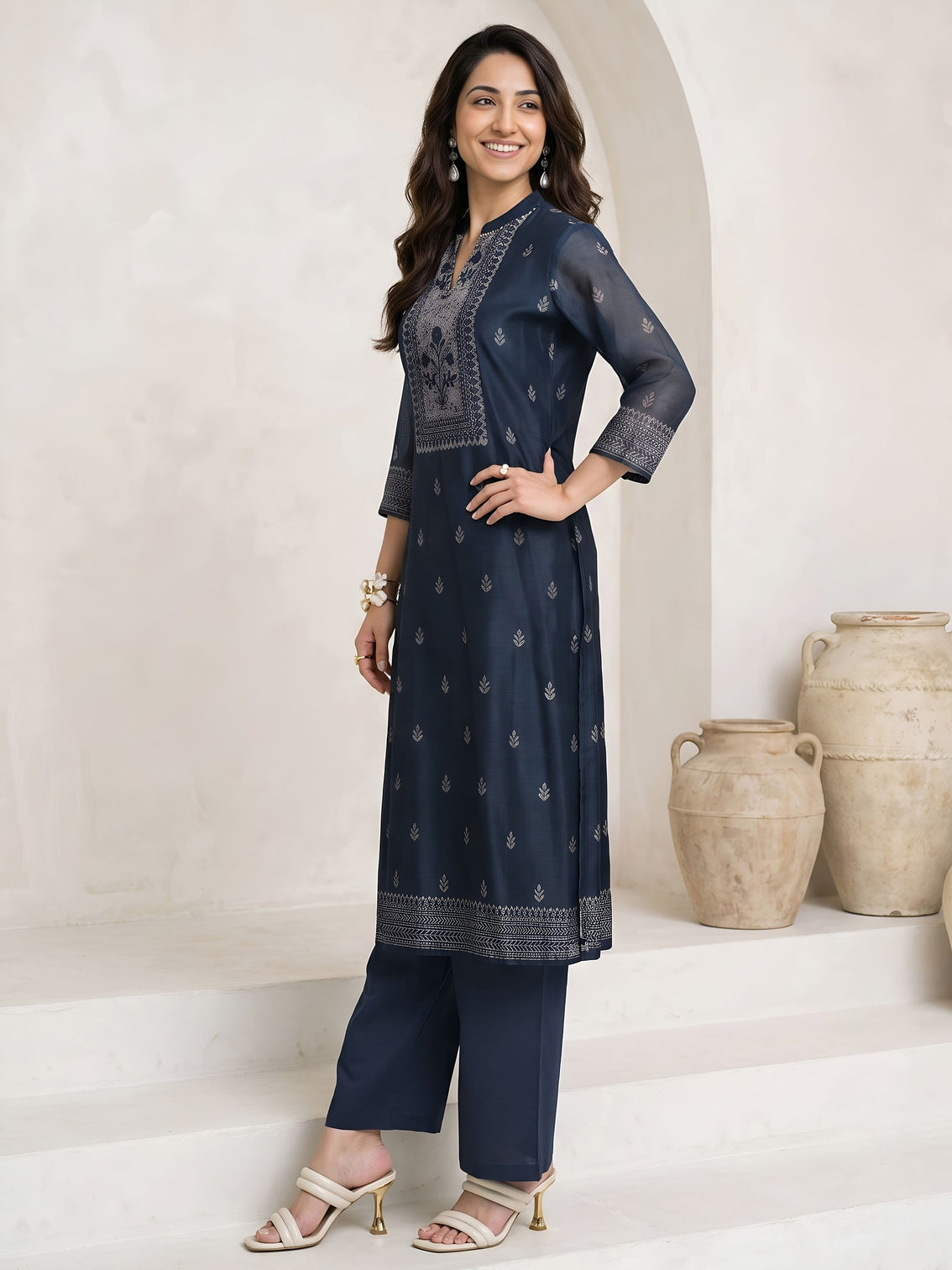 Mameraa Teal Blue Floral Printed Chanderi Silk Straight Suit Set