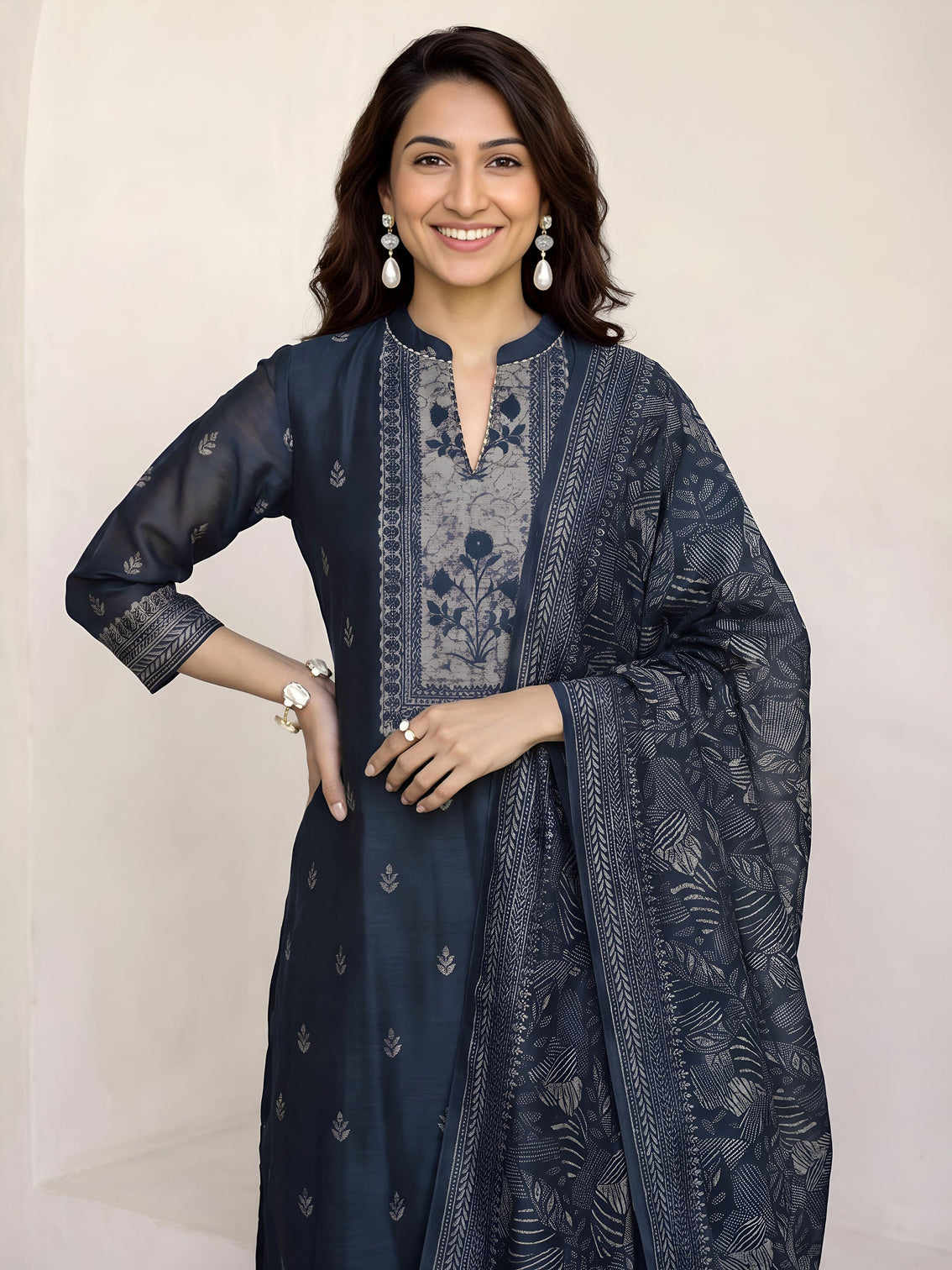 Mameraa Teal Blue Floral Printed Chanderi Silk Straight Suit Set