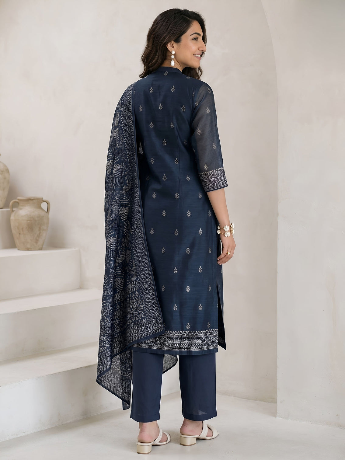 Mameraa Teal Blue Floral Printed Chanderi Silk Straight Suit Set