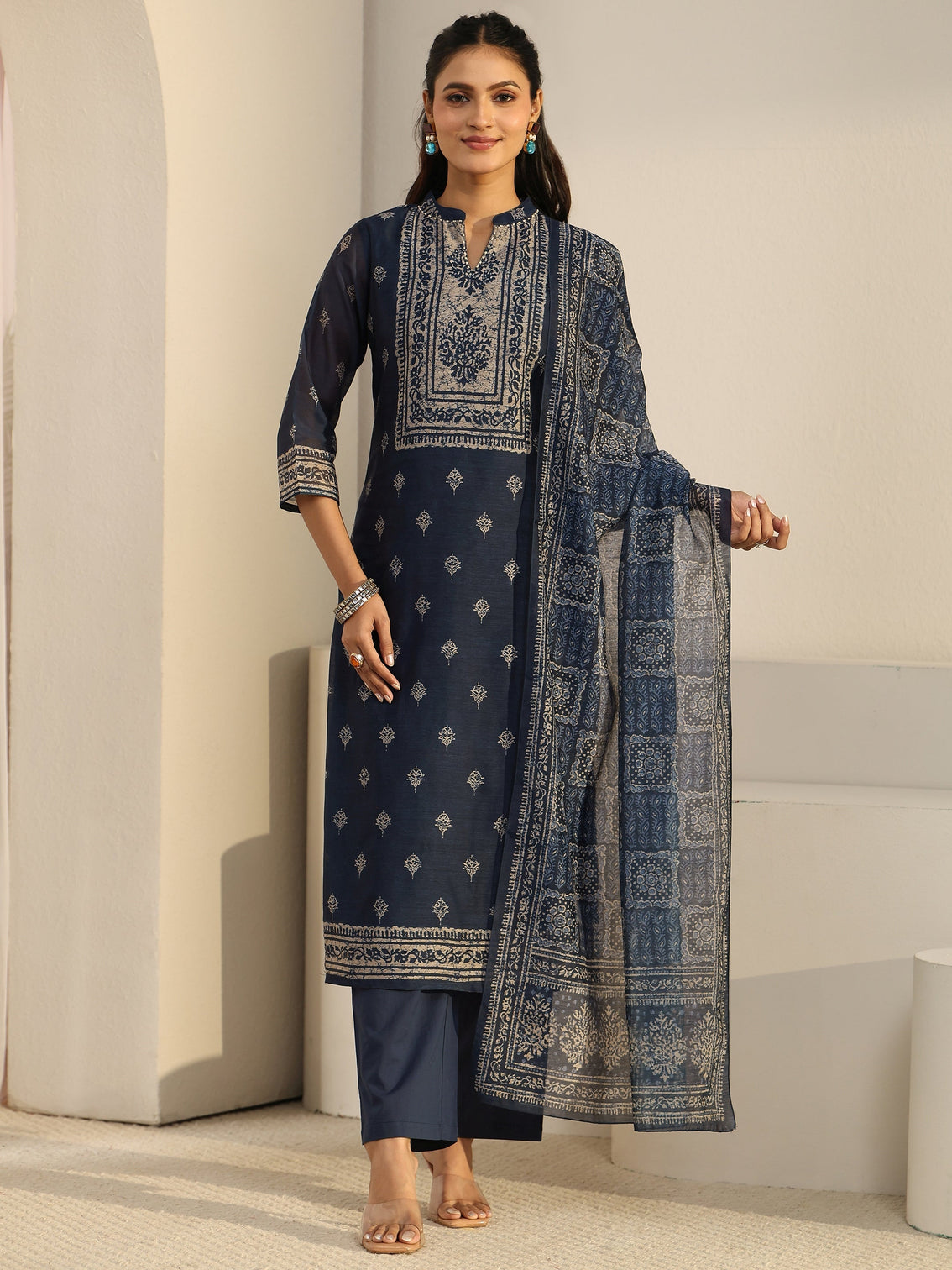 Mameraa Indigo Blue Printed Chanderi Silk Straight Suit Set