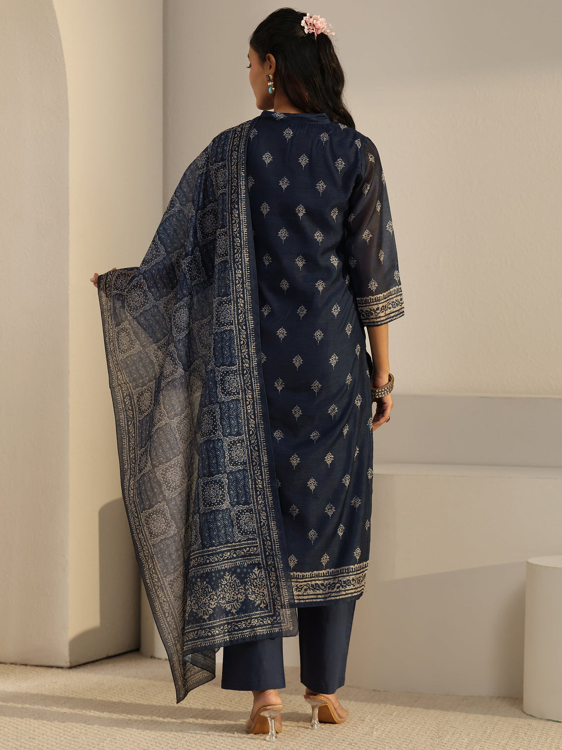 Mameraa Indigo Blue Printed Chanderi Silk Straight Suit Set