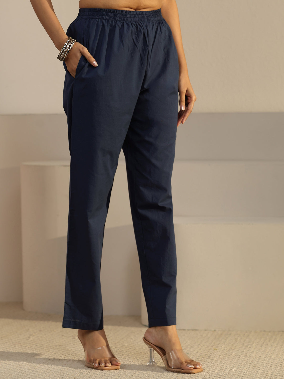 Mameraa Indigo Blue Printed Chanderi Silk Straight Suit Set