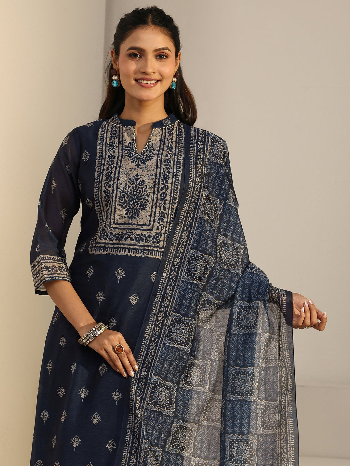 Mameraa Indigo Blue Printed Chanderi Silk Straight Suit Set