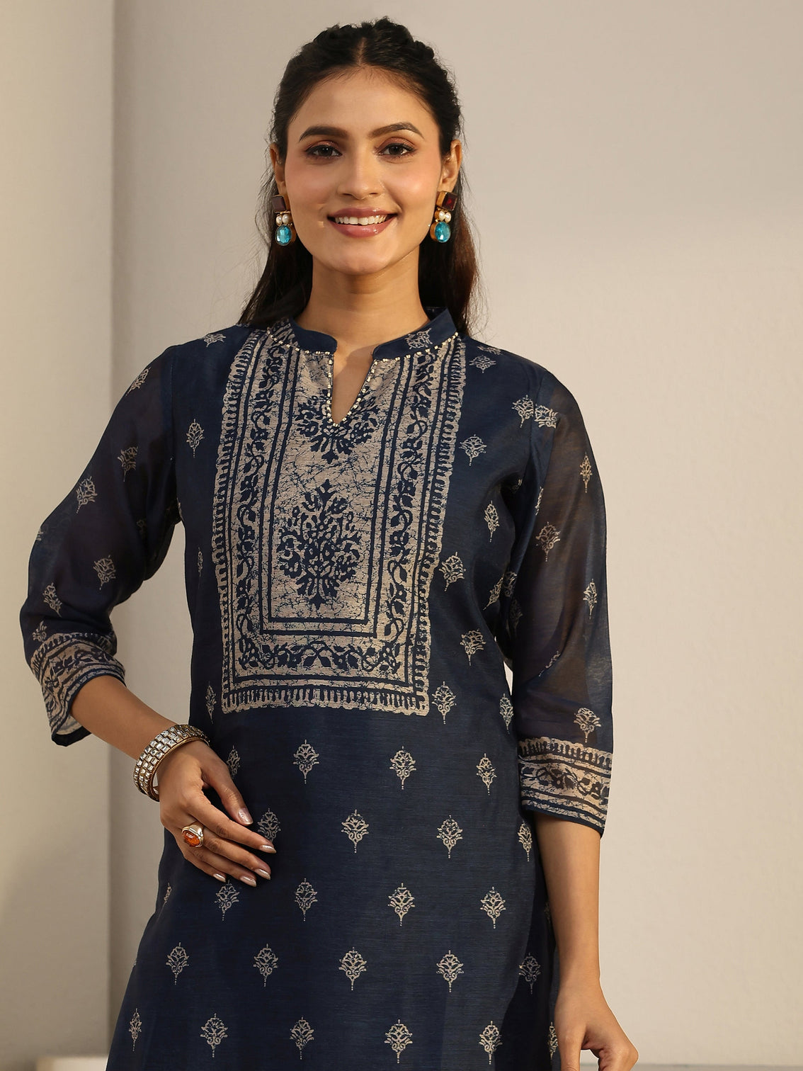 Mameraa Indigo Blue Printed Chanderi Silk Straight Suit Set