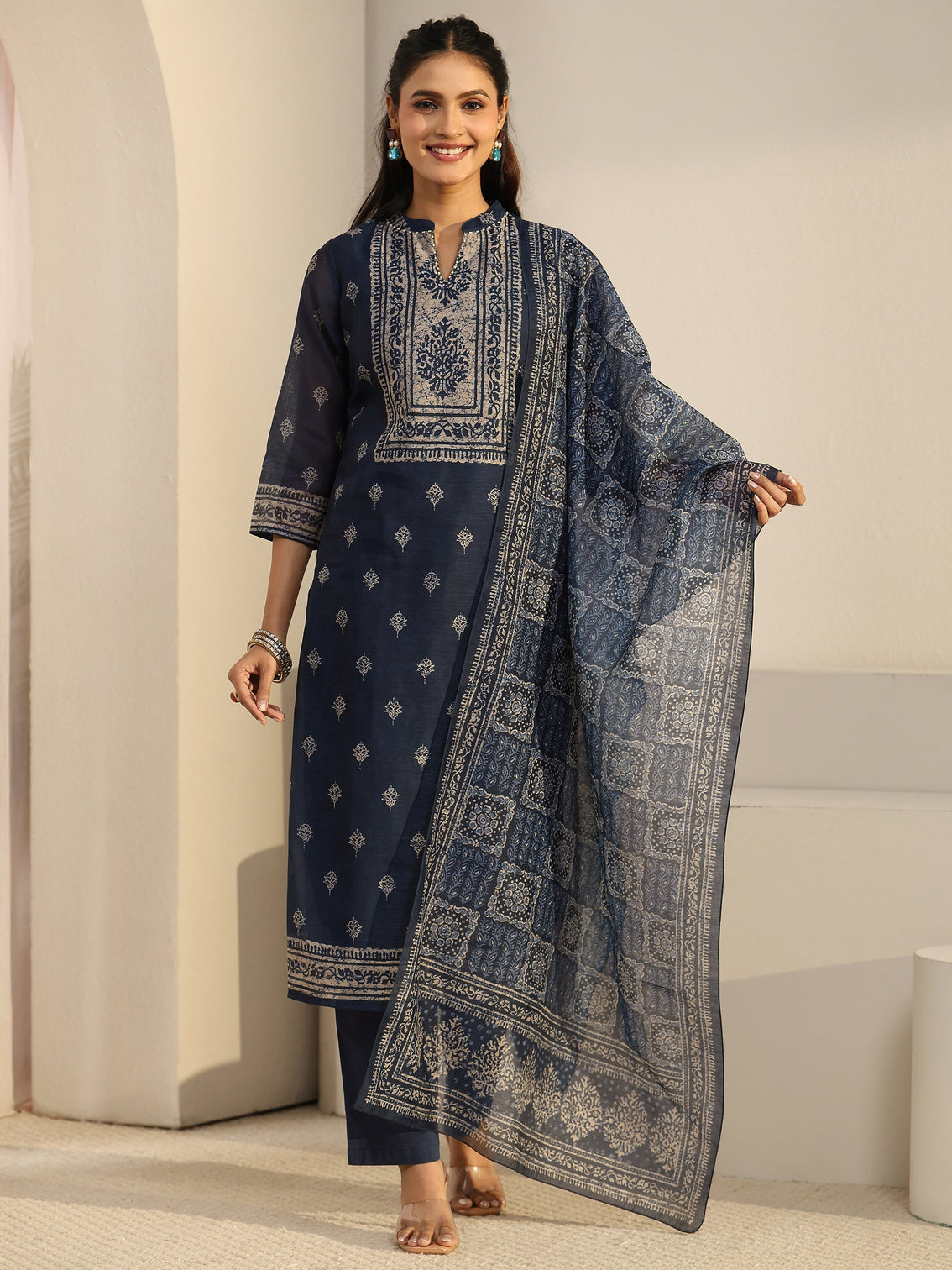 Mameraa Indigo Blue Printed Chanderi Silk Straight Suit Set