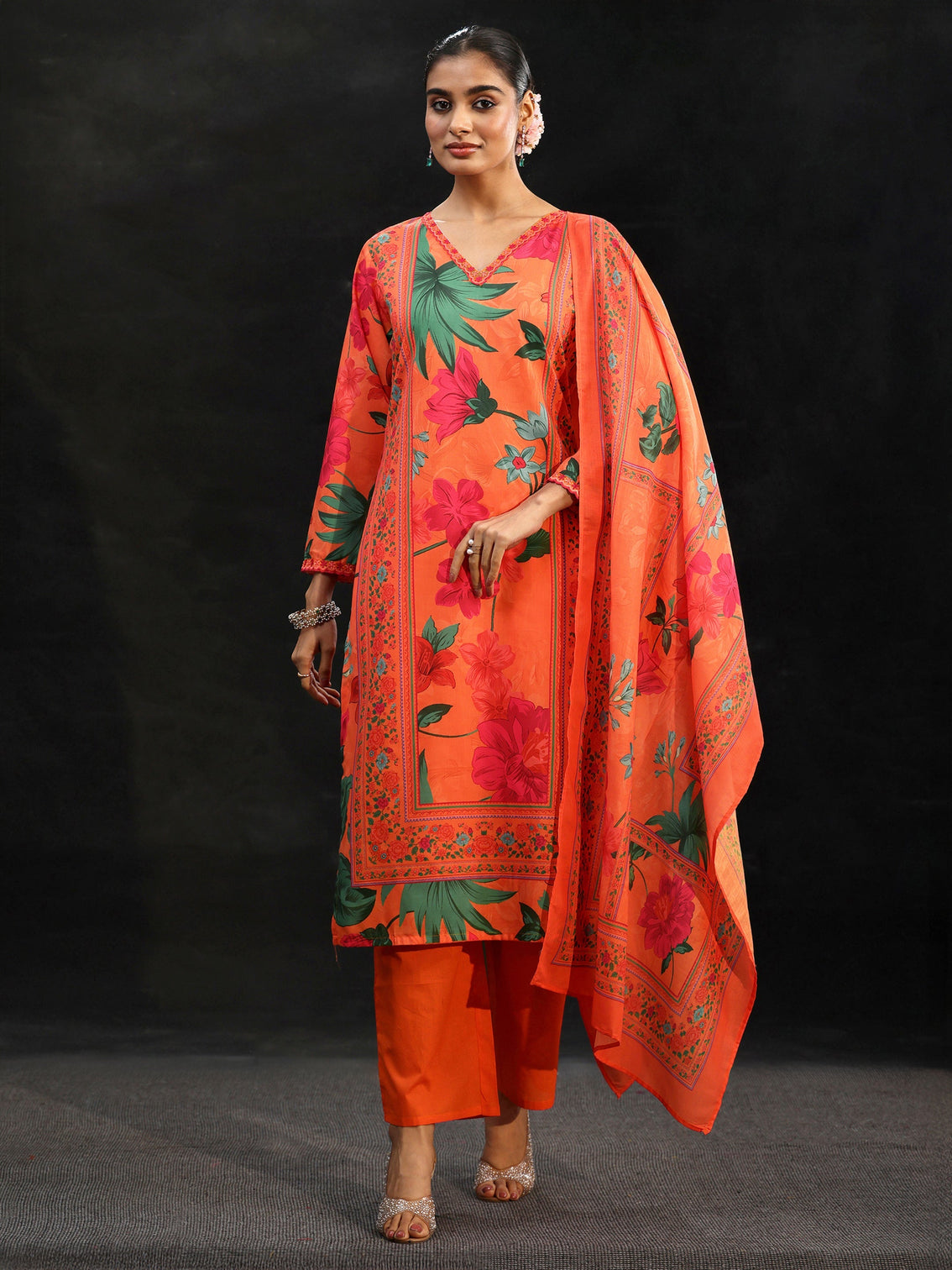 Mameraa Orange Floral Printed Cotton Blend Straight Suit Set
