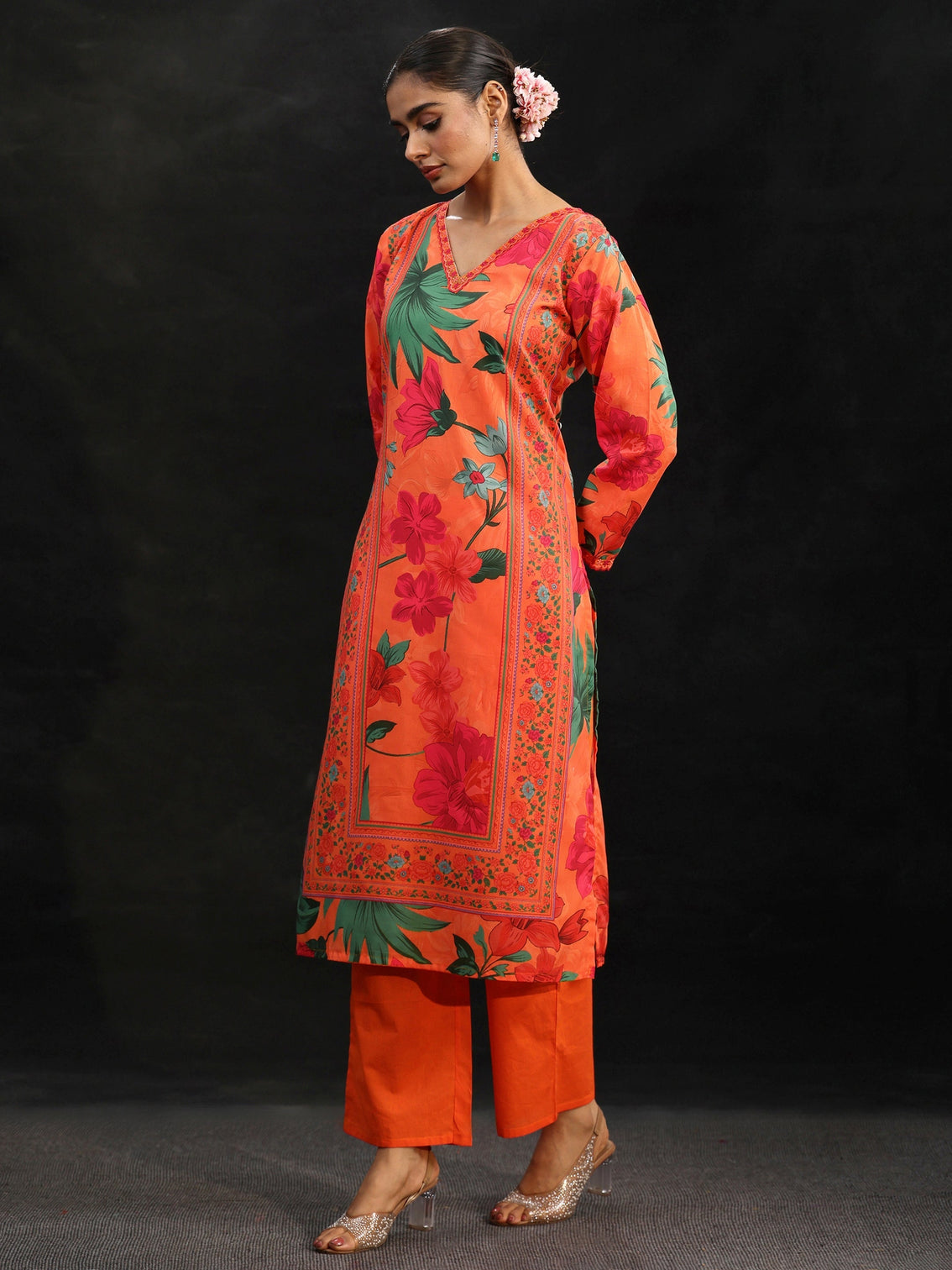 Mameraa Orange Floral Printed Cotton Blend Straight Suit Set