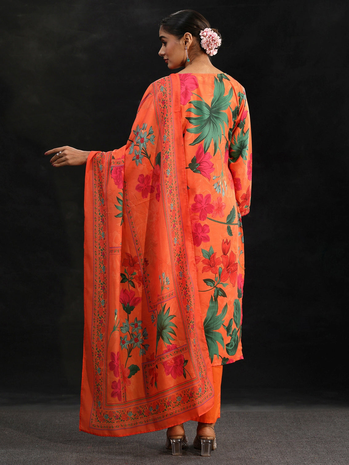 Mameraa Orange Floral Printed Cotton Blend Straight Suit Set