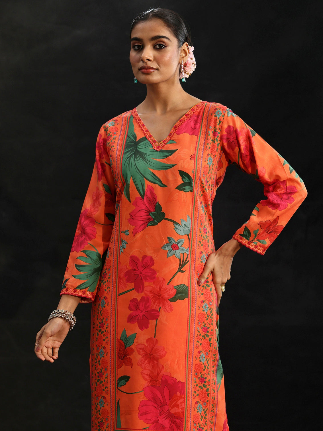 Mameraa Orange Floral Printed Cotton Blend Straight Suit Set