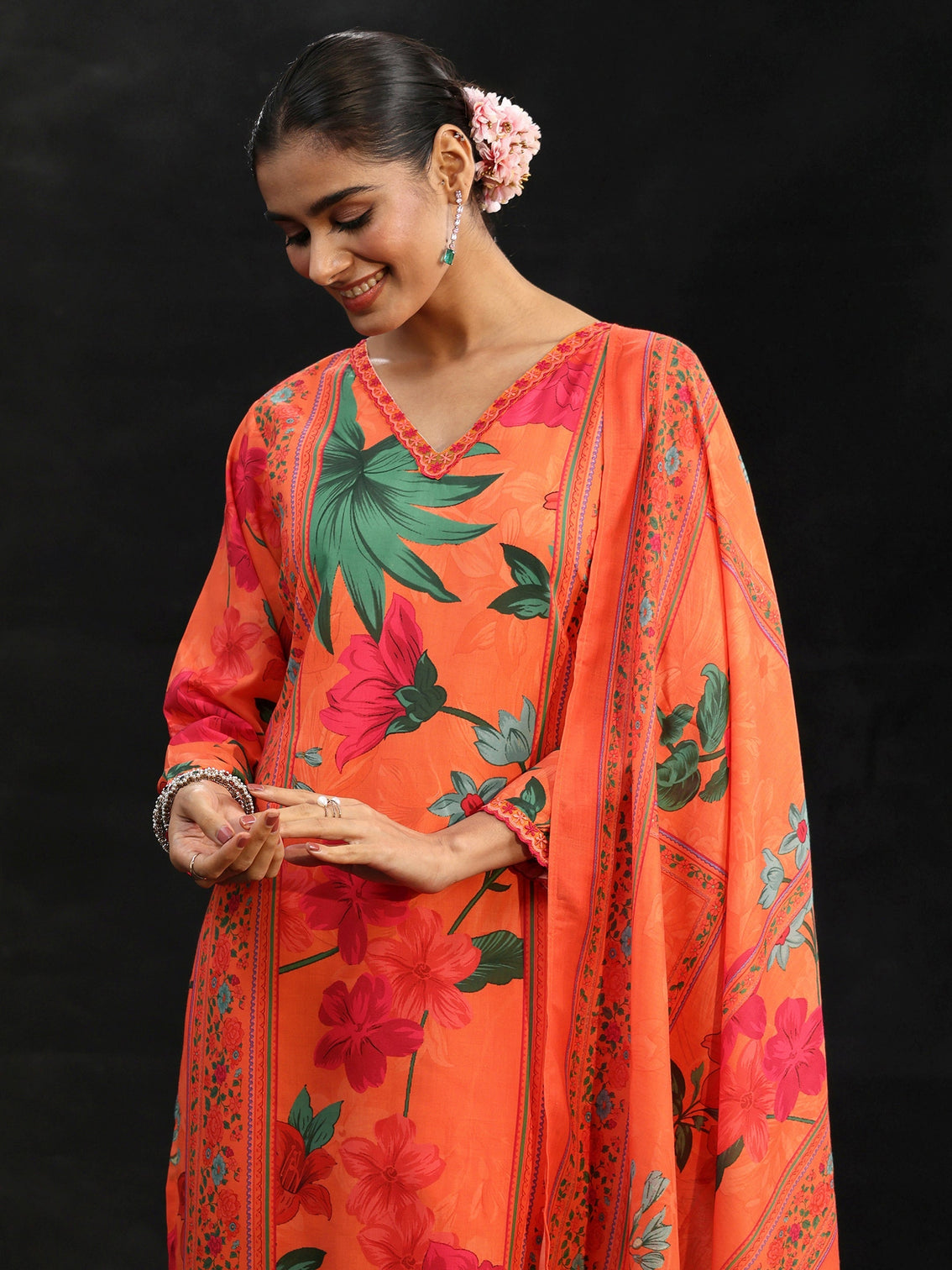 Mameraa Orange Floral Printed Cotton Blend Straight Suit Set
