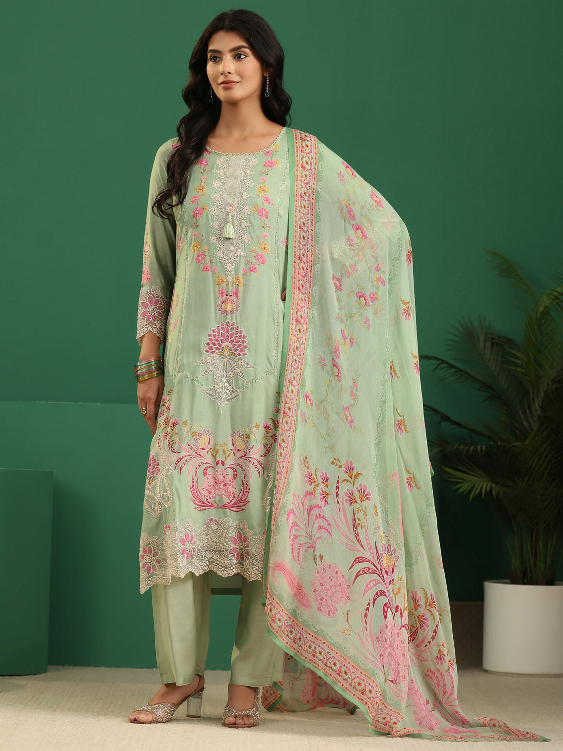 Mameraa Pista Green Floral Embroidered Crepe Straight Suit Set