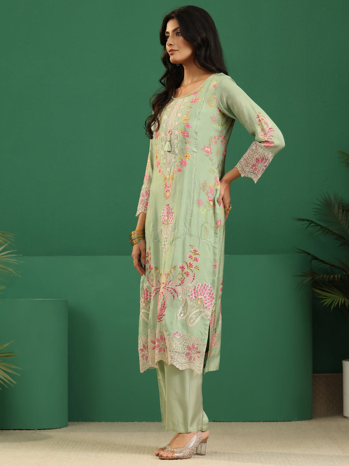 Mameraa Pista Green Floral Embroidered Crepe Straight Suit Set