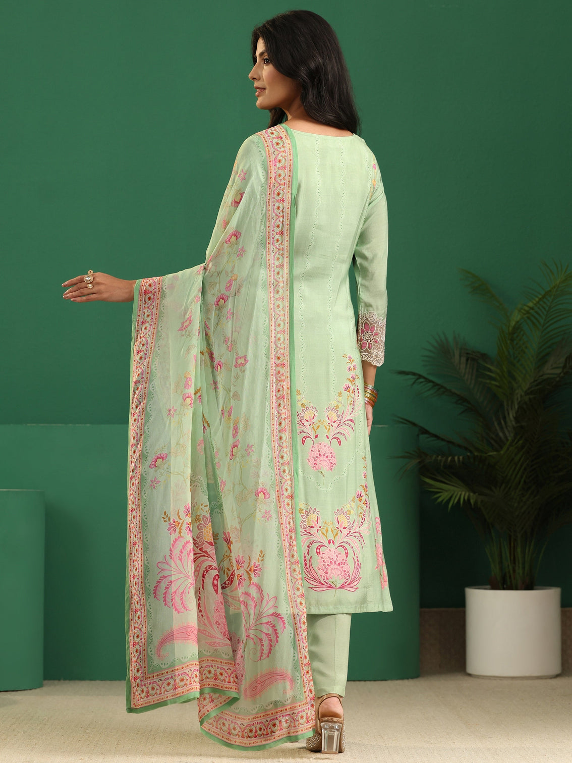 Mameraa Pista Green Floral Embroidered Crepe Straight Suit Set