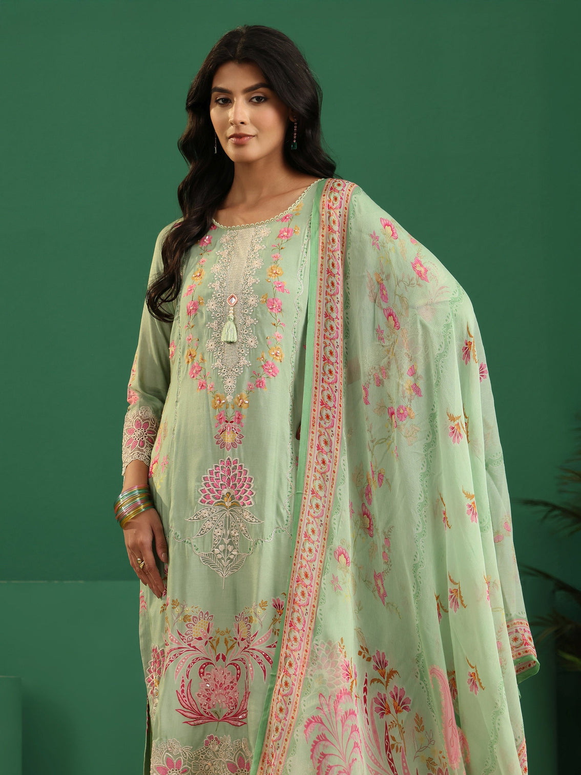 Mameraa Pista Green Floral Embroidered Crepe Straight Suit Set