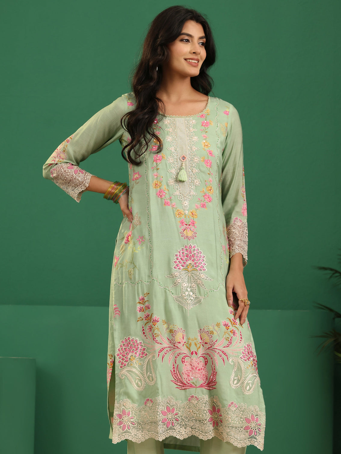 Mameraa Pista Green Floral Embroidered Crepe Straight Suit Set