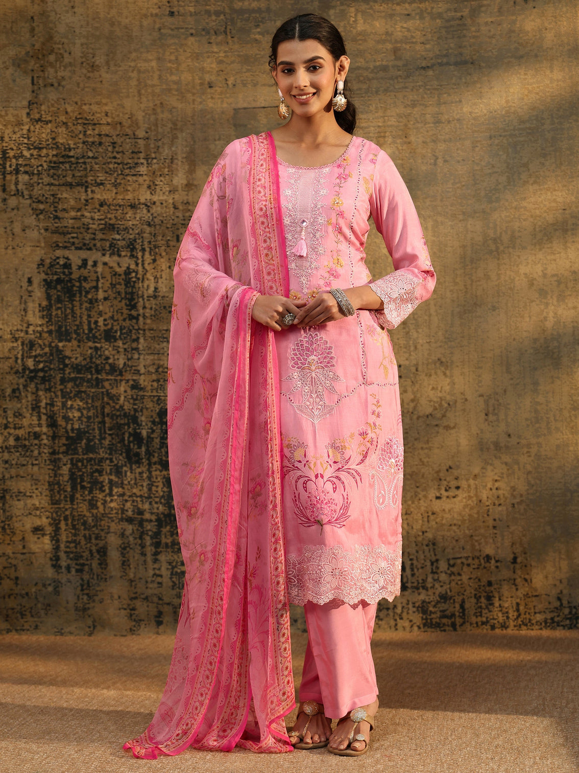 Mameraa Pink Floral Embroidered Crepe Straight Suit Set