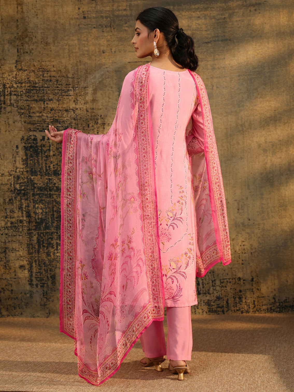 Mameraa Pink Floral Embroidered Crepe Straight Suit Set