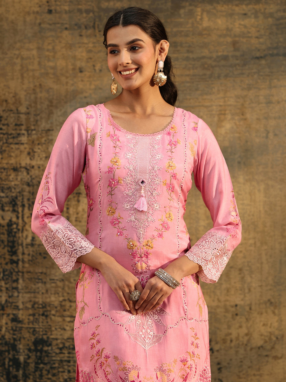 Mameraa Pink Floral Embroidered Crepe Straight Suit Set