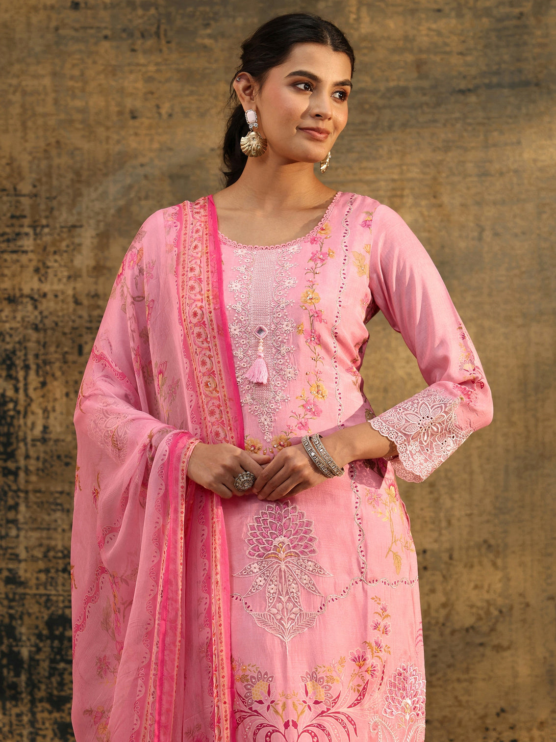 Mameraa Pink Floral Embroidered Crepe Straight Suit Set