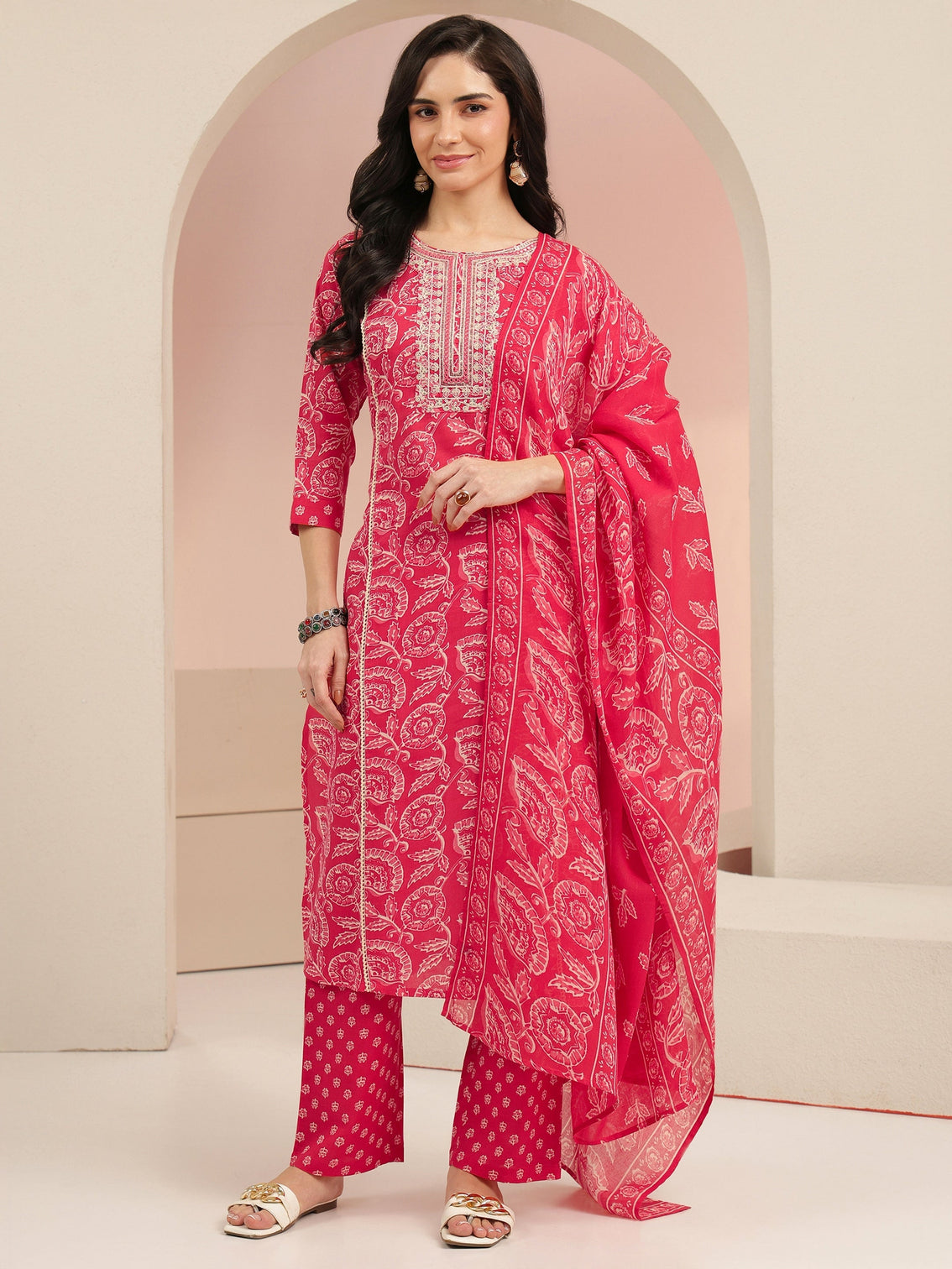 Mameraa Raspberry Red Floral Printed Cotton Straight Suit Set