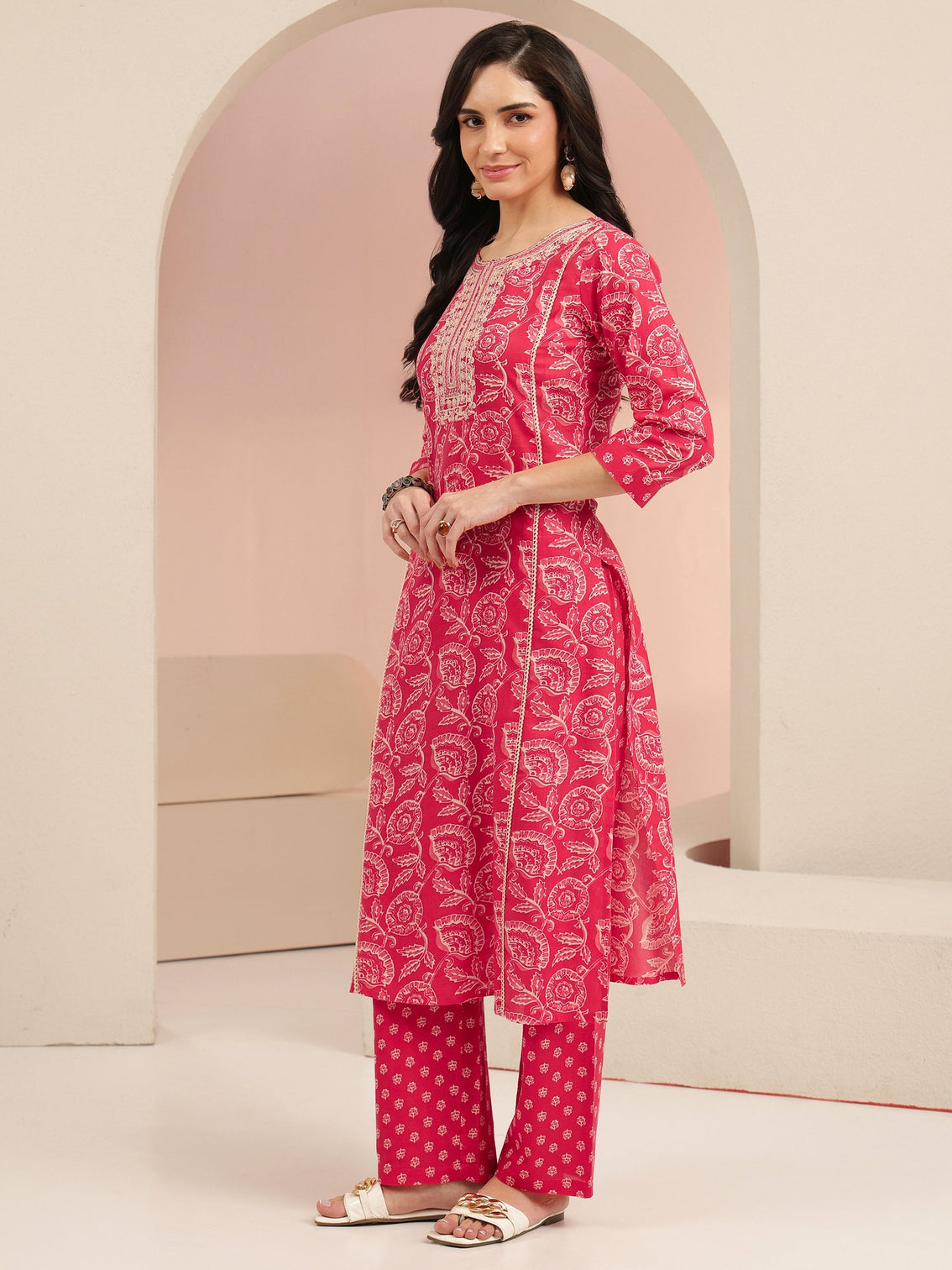 Mameraa Raspberry Red Floral Printed Cotton Straight Suit Set