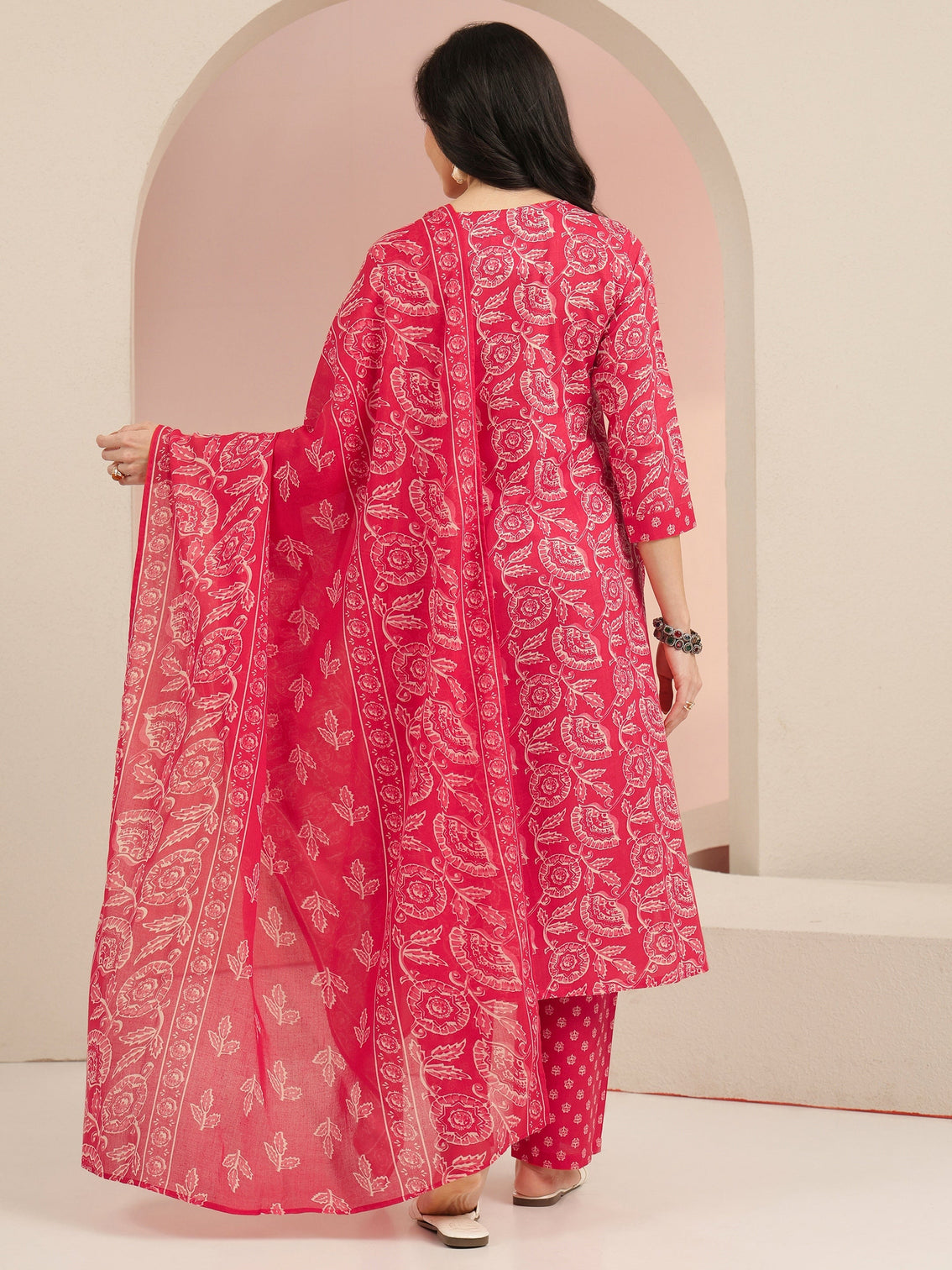 Mameraa Raspberry Red Floral Printed Cotton Straight Suit Set