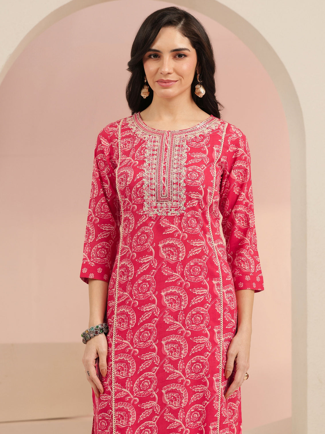 Mameraa Raspberry Red Floral Printed Cotton Straight Suit Set
