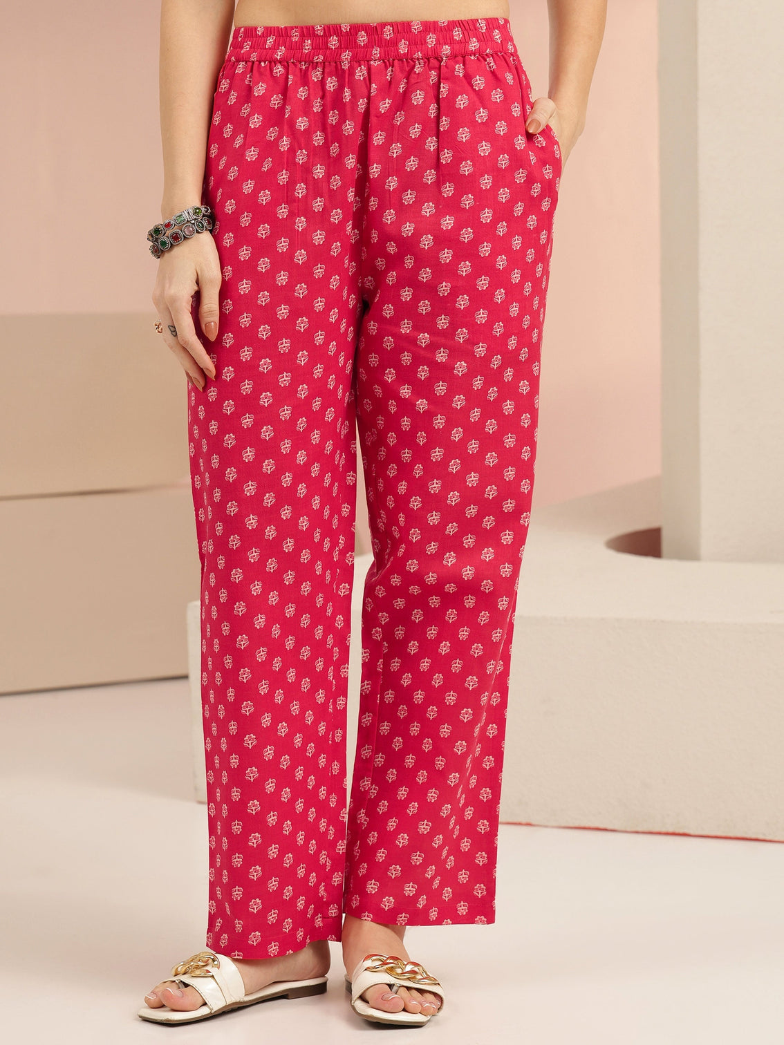 Mameraa Raspberry Red Floral Printed Cotton Straight Suit Set