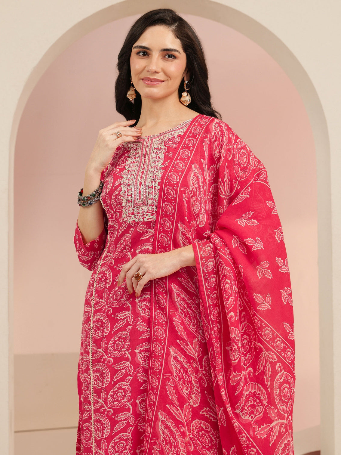 Mameraa Raspberry Red Floral Printed Cotton Straight Suit Set