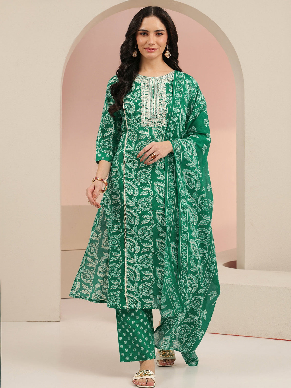 Mameraa Emerald Green Printed Cotton Straight Suit Set
