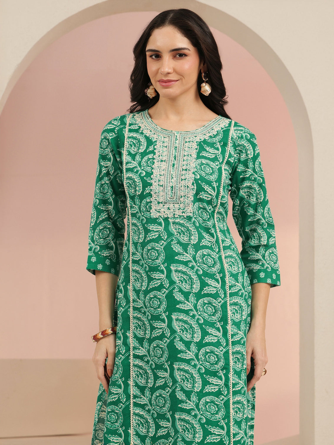 Mameraa Emerald Green Printed Cotton Straight Suit Set