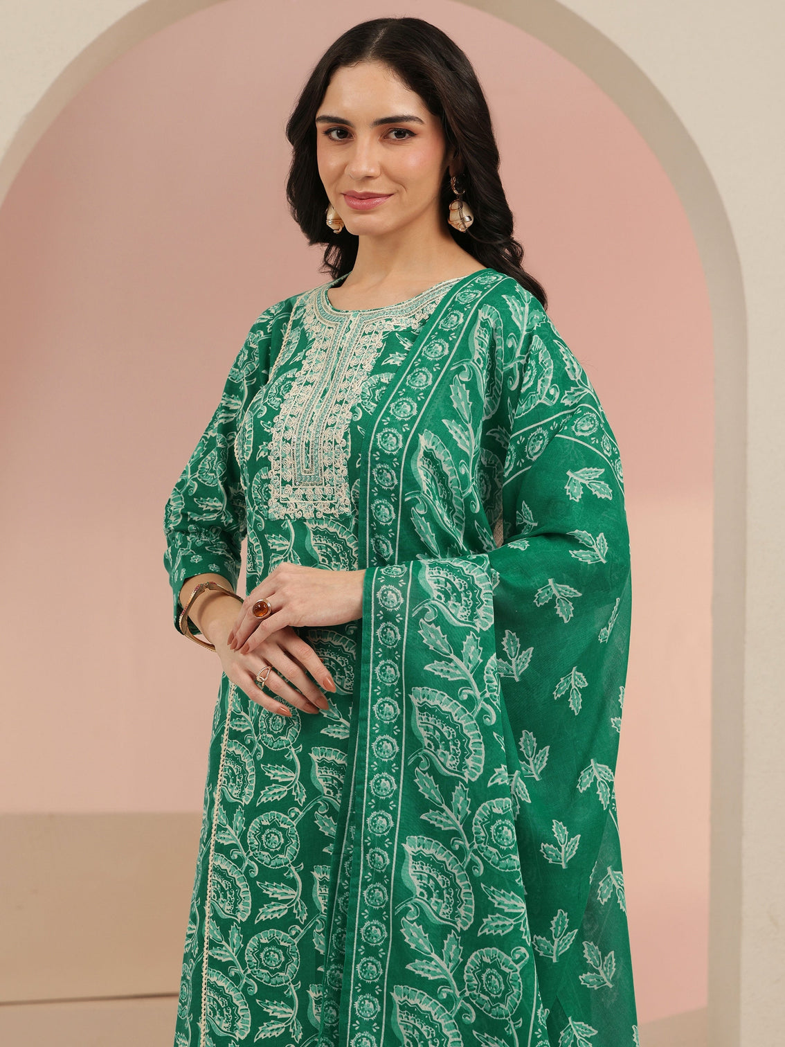Mameraa Emerald Green Printed Cotton Straight Suit Set