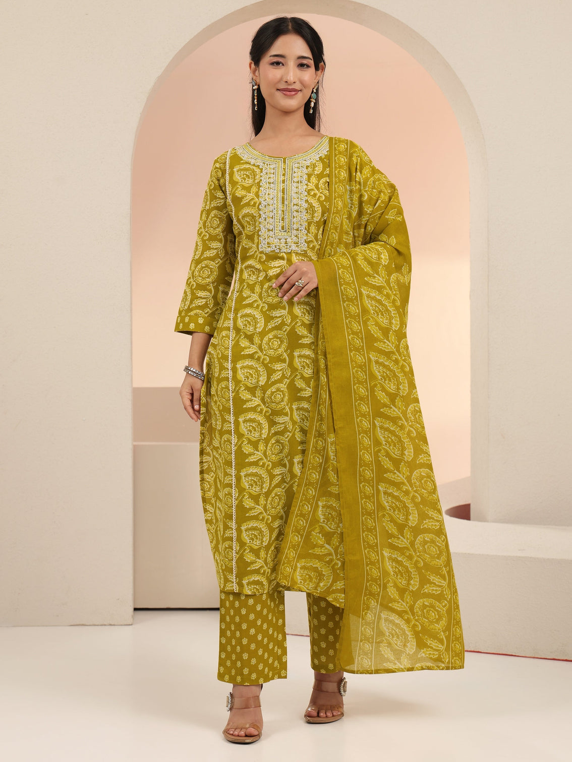 Mameraa Mustard Floral Printed Cotton Straight Suit Set