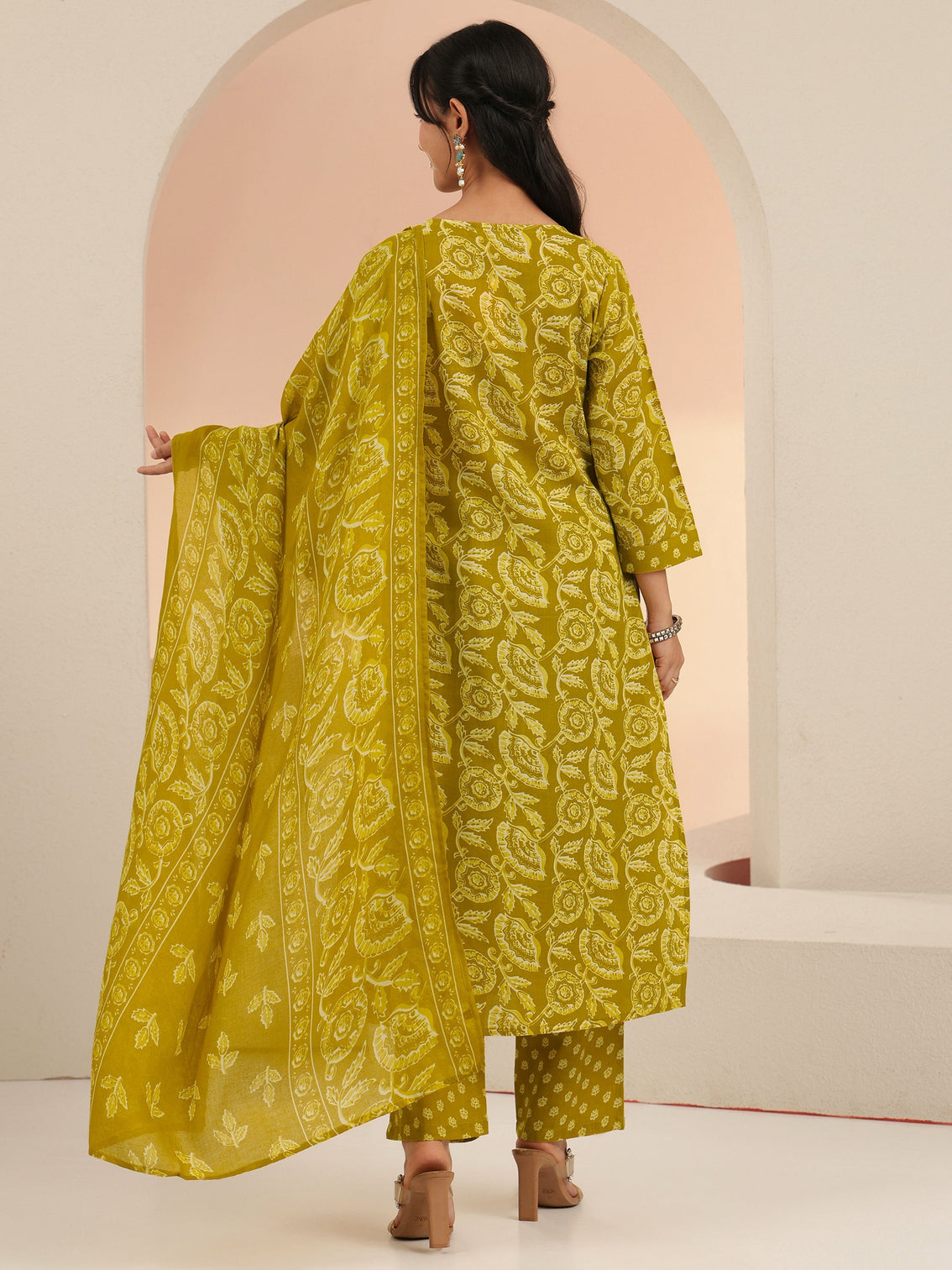 Mameraa Mustard Floral Printed Cotton Straight Suit Set