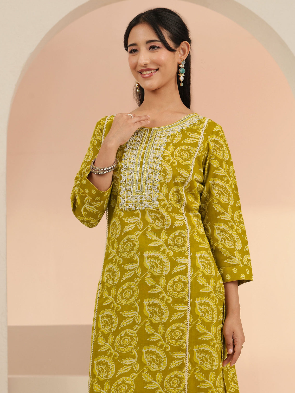 Mameraa Mustard Floral Printed Cotton Straight Suit Set