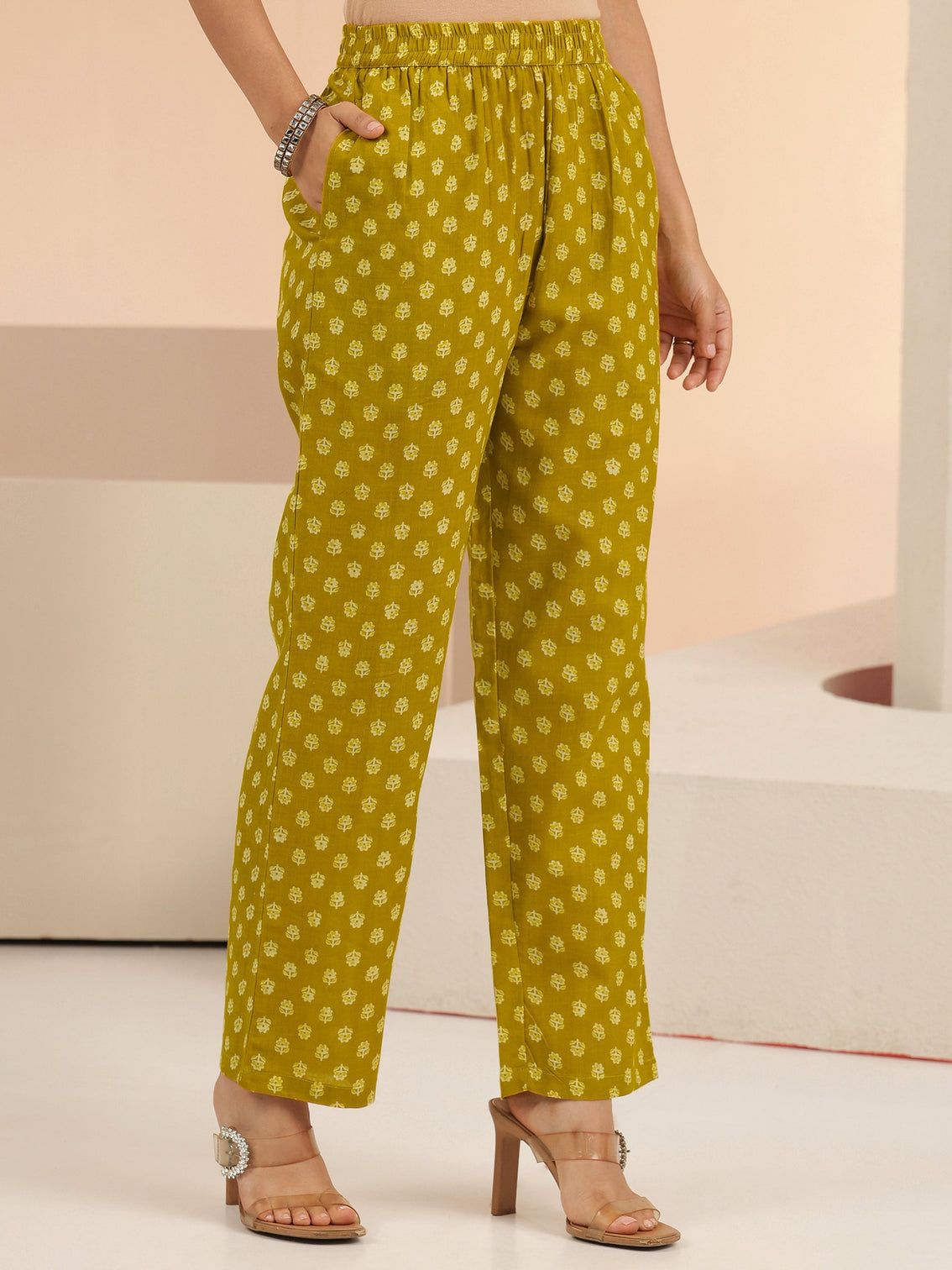 Mameraa Mustard Floral Printed Cotton Straight Suit Set