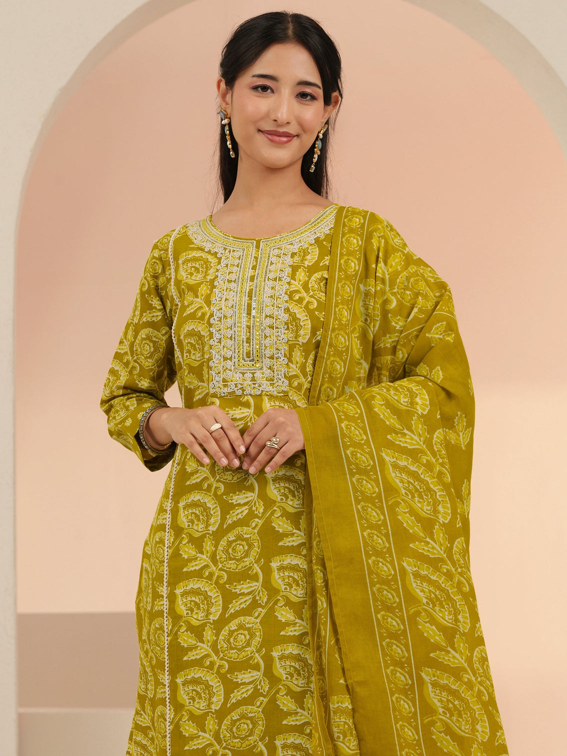 Mameraa Mustard Floral Printed Cotton Straight Suit Set
