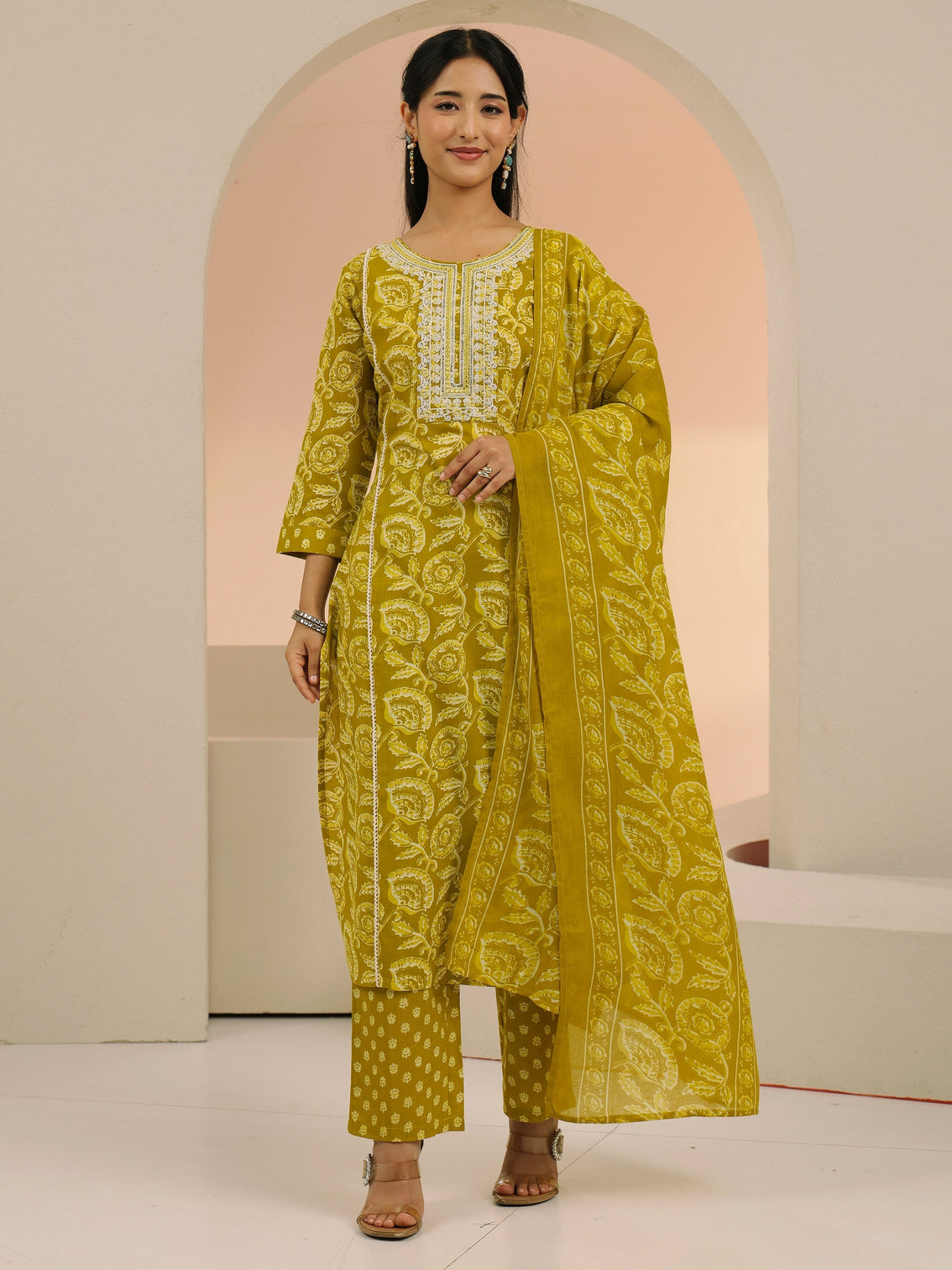 Mameraa Mustard Floral Printed Cotton Straight Suit Set