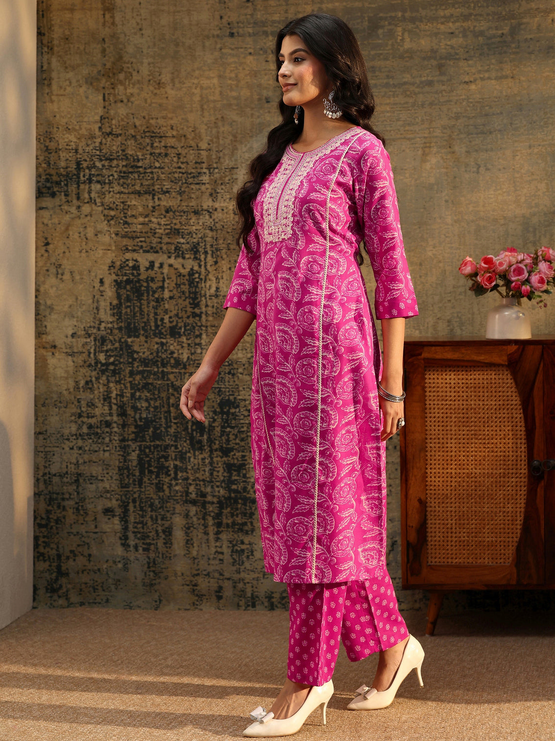 Mameraa Magenta Floral Printed Cotton Straight Suit Set