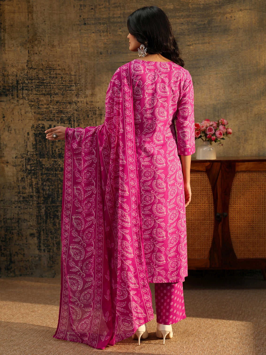 Mameraa Magenta Floral Printed Cotton Straight Suit Set