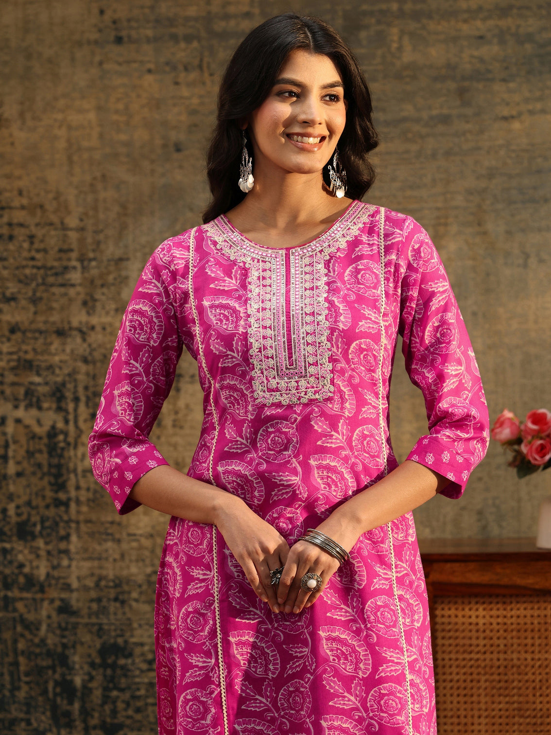 Mameraa Magenta Floral Printed Cotton Straight Suit Set